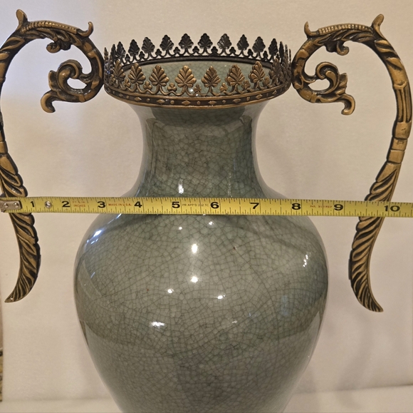 Antique Style Celadon Crackle Vase Ormolu Bronze Handles Base French Rococo 17” - Picture 11 of 11